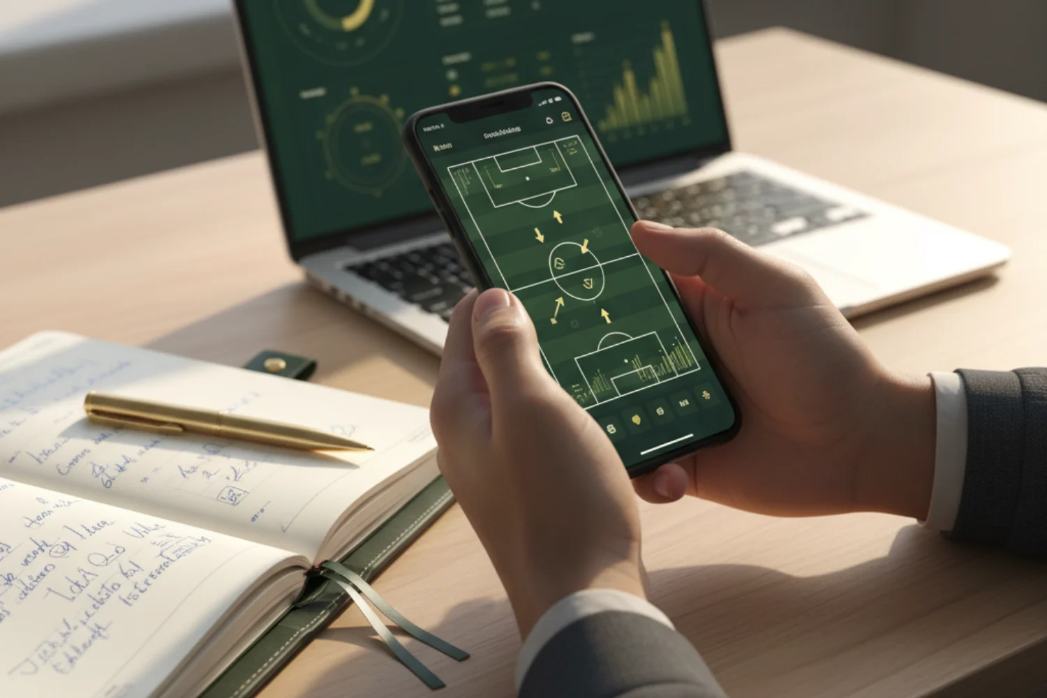 Strategische Analyse für WM Wetten - Spieler analysiert Fußballstatistiken auf dem Smartphone